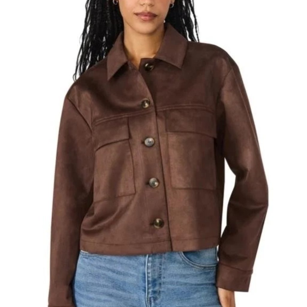 Steve Madden Woman Crop Jacket Brown Suede Pockets Button Long Sleeves Nwt